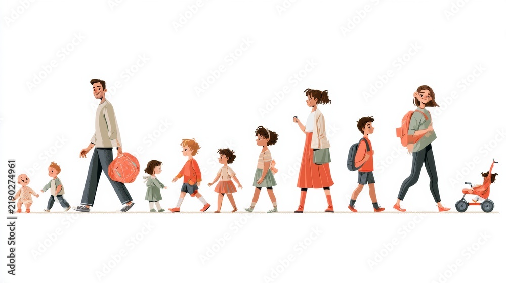 Obraz premium The timeline of child development from baby to school age with friendly characters and a warm color palette.