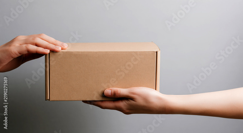  hands hold a plain, brown, rectangular cardboard box horizontally against a solid light gray background. 