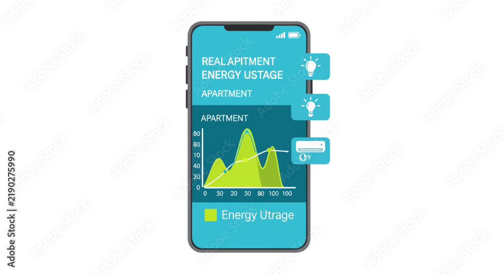 Obraz premium Smart Home Energy Monitoring App on Smartphone Display Showing Apartment Utility Usage Graph and Icons
