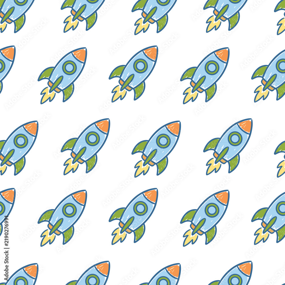 Obraz premium Cartoon rocket ship seamless pattern. Blue cartoon rocket ships in a seamless pattern for fabric design