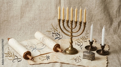 A traditional Hanukkah menorah with candles and a scroll of the Torah. The scene is set against a beige background.
