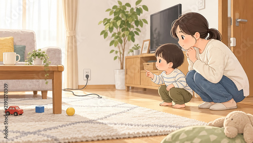 Tapety artystyczne 子どもの目線で家庭内の危険を確認する親子イラスト