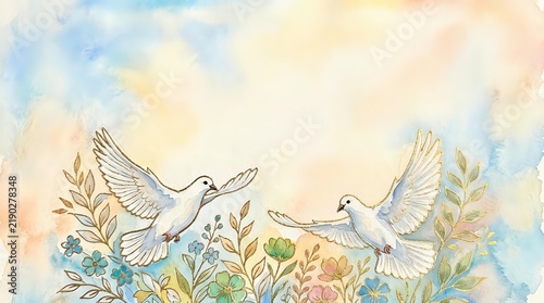 Two white doves flying among blooming flowers and botanical foliage in soft watercolor style