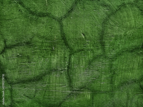 A dramatic, close-up textured background featuring a weathered dark green wall with deep, natural cracks and a rough finish.