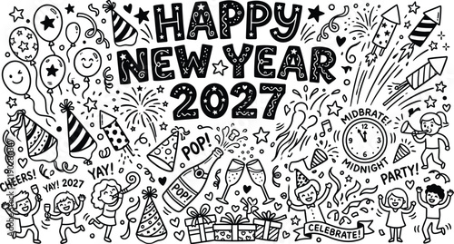 New Year 2027 celebration illustration with festive icons and party decorations on white background