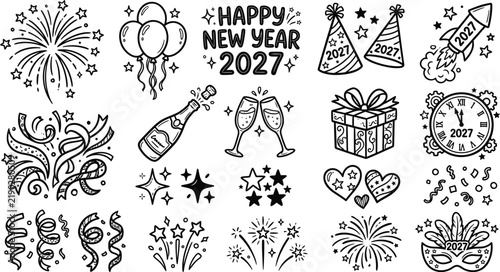 Set of black and white vector line art icons depicting happy new year 2027 celebrations with festive party elements included.