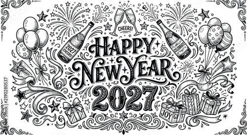 Happy New Year 2027 hand drawn line art illustration with champagne fireworks and clock festive celebration graphic