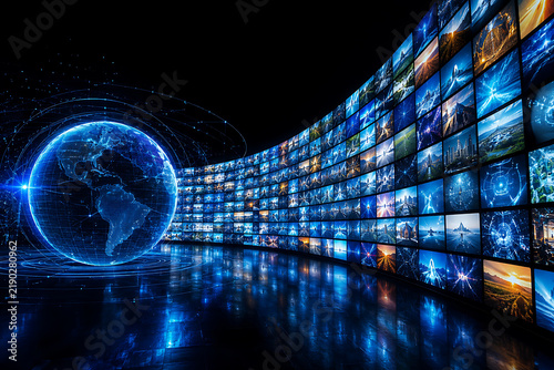 Illuminated globe alongside a curved wall displaying numerous digital screens