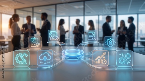 Business people standing in office boardroom with digital holographic icons of management and technology processes hovering above conference table in professional workplace setting