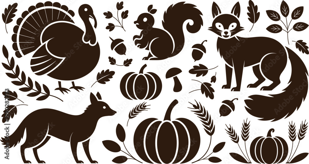 Obraz premium A charming collection of autumn Thanksgiving animals and harvest element silhouettes for seasonal design projects
