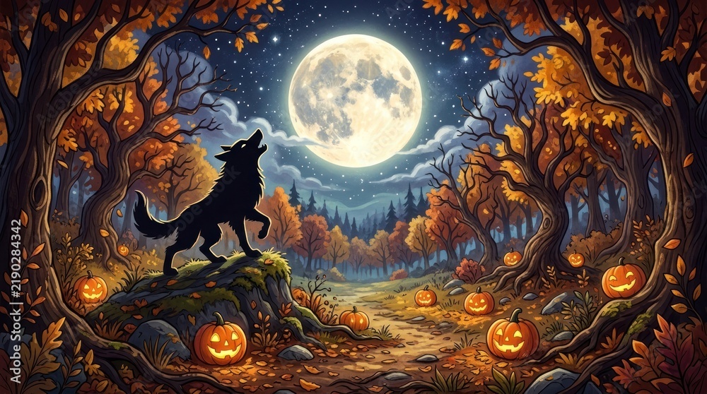 Fototapeta premium A wolf howling at the full moon in a forest with pumpkins and trees.