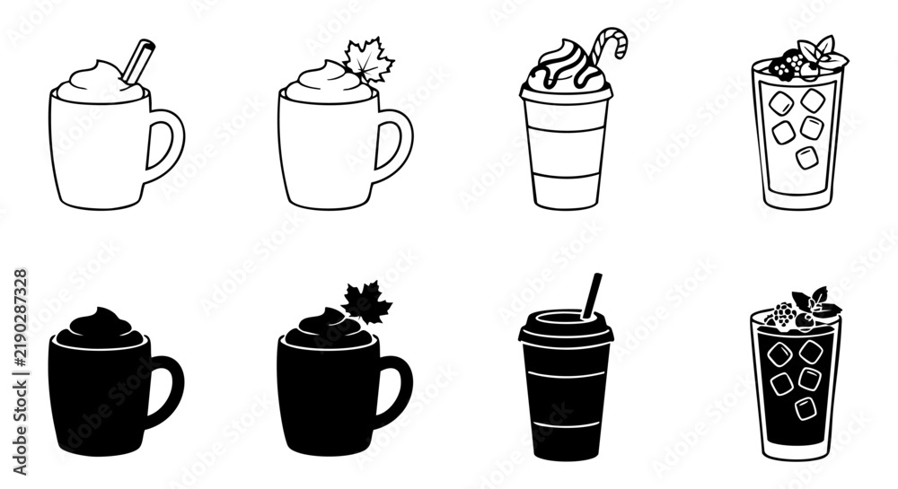 Obraz premium Autumn coffee drinks with maple leaf garnish in outline