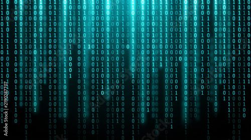 Obraz na płótnie Digital binary code background with glowing cyan data stream and abstract computer matrix.