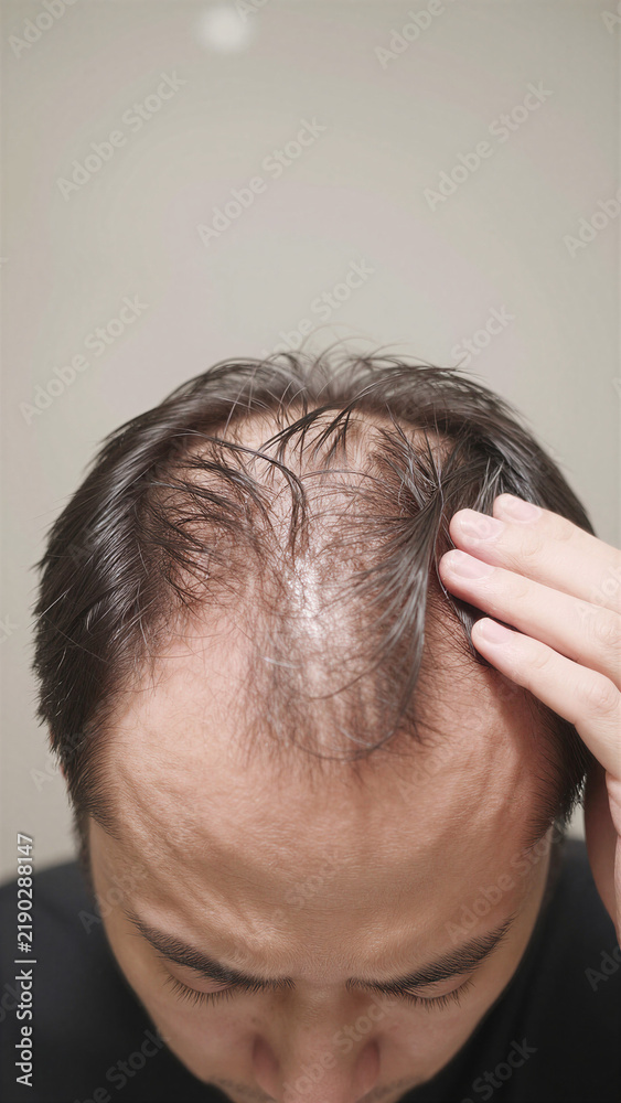 Fototapeta premium Japanese Young man deeply depressed by advanced male pattern baldness and scalp exposure, Copy space on the top, Aerial view, Vertical image