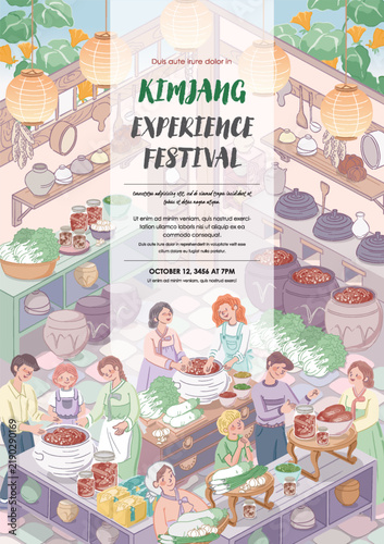 Kimjang Korean Kimchi Making Culture Template with Diverse People Pastel Vector Illustration