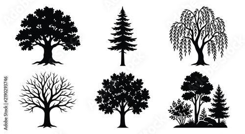 Collection of black silhouette icons depicting forestry and woodworking tools