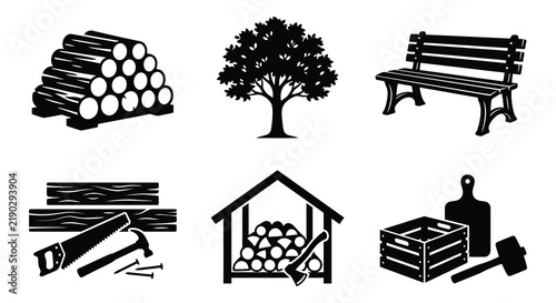 Collection of black silhouette icons depicting forestry and woodworking tools