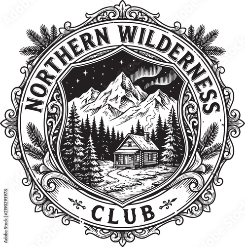 Northern Wilderness Club member badge featuring mountain silhouette and pine tree emblem with outdoor adventure theme