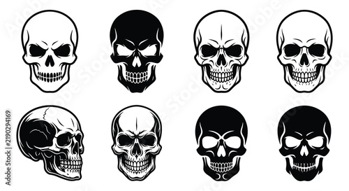 Collection of black skull vector illustrations on a white background