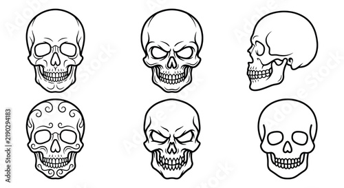 Collection of black skull vector illustrations on a white background
