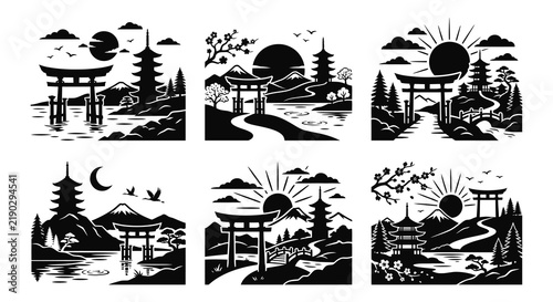 Japanese landscape silhouettes depict pagodas torii gates and mount fuji in vector style