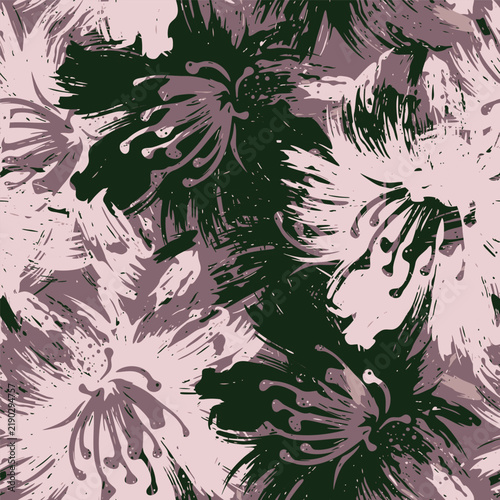 Abstract grunge floral seamless pattern featuring Japanese mock orange blossoms in artistic brush strokes for fabric and print.