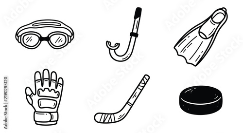 Collection of black vector silhouettes depicting aquatic and ice sports equipment