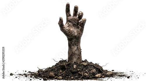 Decomposed zombie hand reaching out from the soil isolated on transparent background