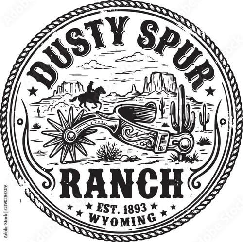 Vintage western emblem design with decorative typography and rustic frame