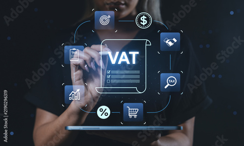 Фотография VAT business tax management concept with digital finance icons,