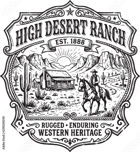 Vintage western ranch badge featuring cowboy silhouette and rope motif for branding or logo design