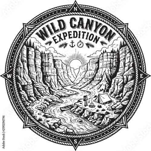Hiker with backpack exploring rugged canyon trail marked by expedition badge icon