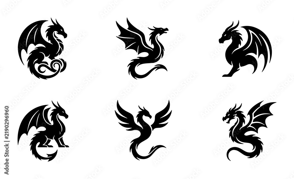 Fototapeta premium Mythical Dragon Icons Set, Fantasy Creature Vector Graphics, Tribal Tattoo Art, Heraldic Symbol Collection