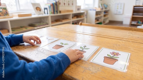 Child hands arranging educational plant growth cards on desk