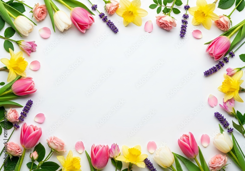 Fototapeta premium Spring Flower Border with Tulips, Daffodils and Roses