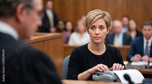 Court reporter typing on stenotype machine during trial, legal transcription and courtroom proceedings