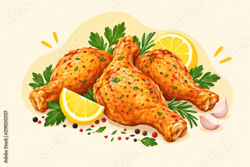 Flat Vector Illustration of Roasted Chicken Drumsticks with Lemon and Herbs