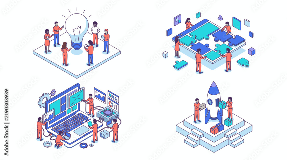 Fototapeta premium Clean Isometric Infographic Showing Team Collaboration Innovation Tech Development and Launch Concepts