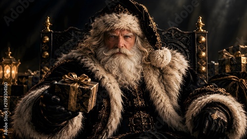 Dramatic Medieval Nobleman with Curly Hair and Beard Wearing Black Fur Robes on Ornate Throne