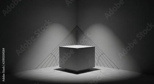 Minimalist white cubic product display pedestal with geometric projection on wall