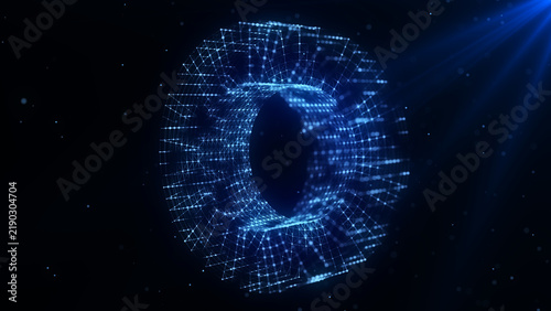 Sci-fi torus with particles and lines. Concept network connection. Abstract technology background. 3d rendering.
