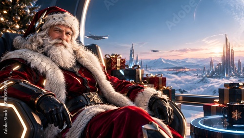 Futuristic Santa Claus in High-Tech Luxury Suit Sitting in Sci-Fi Interior with Christmas Gifts and Snowy Cityscape