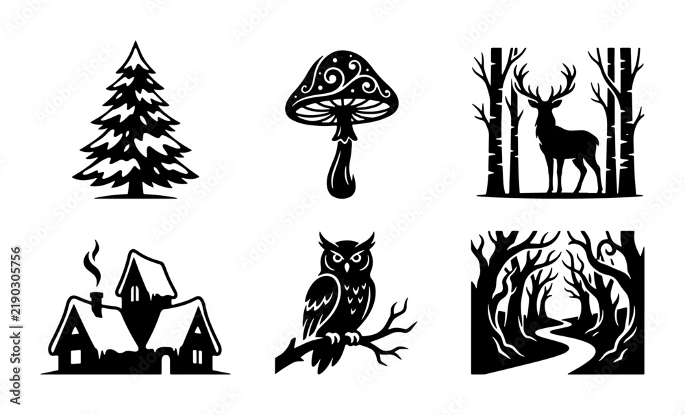 Fototapeta premium Forest Icons Set: Deer, Owl, Cabin, Tree, Mushroom, Woodland Path, Nature Graphics
