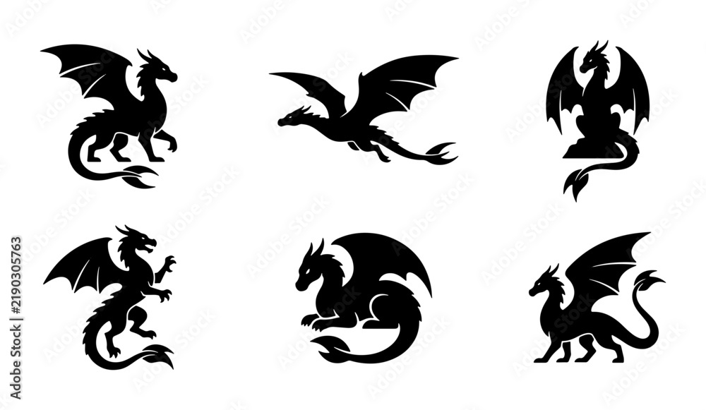 Fototapeta premium Mythical Dragon Silhouettes, Fantasy Creature Vector Icons, Legendary Beast Graphics Set
