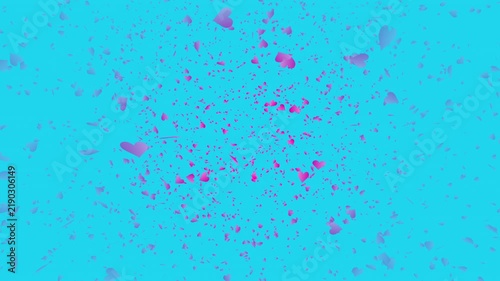 Pink heart shapes falling down or flying away on light blue background. Abstract background for Happy Valentine's day and wedding ceremony.