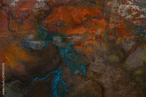Fotografie Abstract copper texture with oxidation, blue-green patina, corrosion and rich orange-brown tones