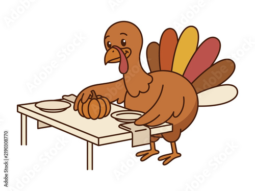 Quadro su tela A cartoon turkey sitting at a dinner table waiting to eat a festive thanksgiving