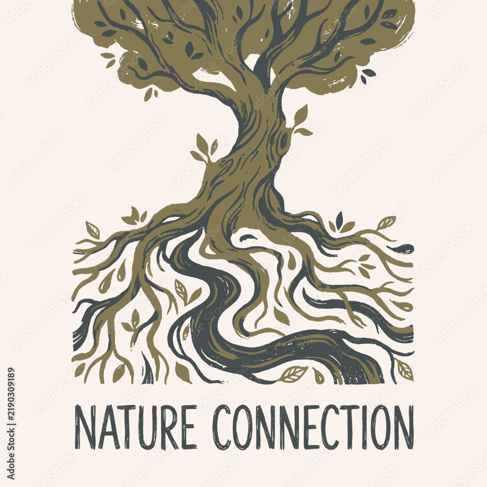Fototapeta premium Hand Drawn Illustration of an Ancient Tree with Intricate Roots Symbolizing Deep Grounding and Connection to Nature Environment