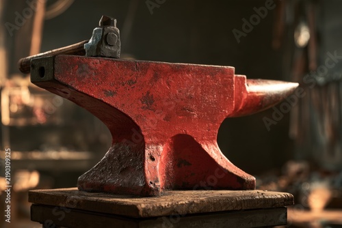 Red anvil rests on sturdy wooden block