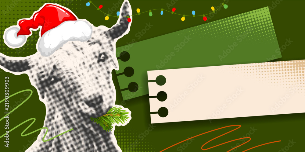 Obraz premium 2027 Chinese Lunar New Year funny retro banner template with halftone texture, newspaper cut goat head with Santa hat and fir tree twigs. Vintage collage design with goat portrait. Vector